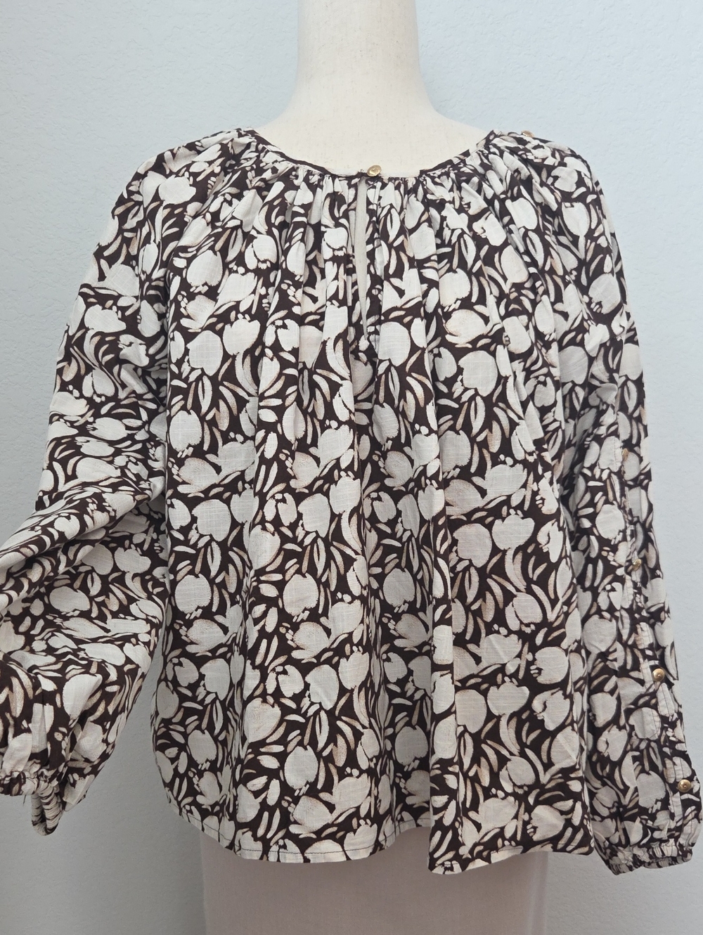 LOFT Brown Cream Floral Leaf Peasant Blouse Fall Shirt Top Small Teacher Office
